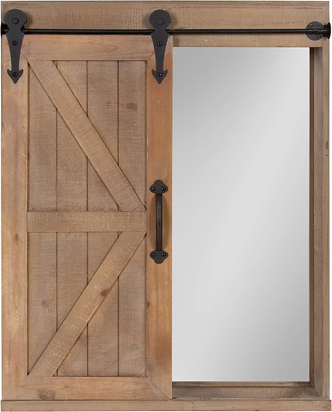 Kate and Laurel Cates Decorative Wood Wall Storage Cabinet with Rectangle Mirror and Sliding Barn Door, 22 x 28, Rustic Brown, Farmhouse Decor for Wall Storage