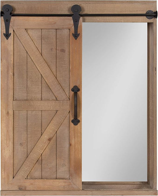 Kate and Laurel Cates Decorative Wood Wall Storage Cabinet with Rectangle Mirror and Sliding Barn Door, 22 x 28, Rustic Brown, Farmhouse Decor for Wall Storage