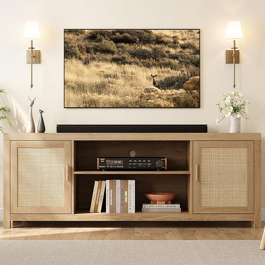 IDEALHOUSE Rattan TV Stand for 75 inch, Boho Entertainment Center with Adjustable Shelves, Natural Oak TV & Media Cabinet 2-Tier Storage for Living Room Bedroom
