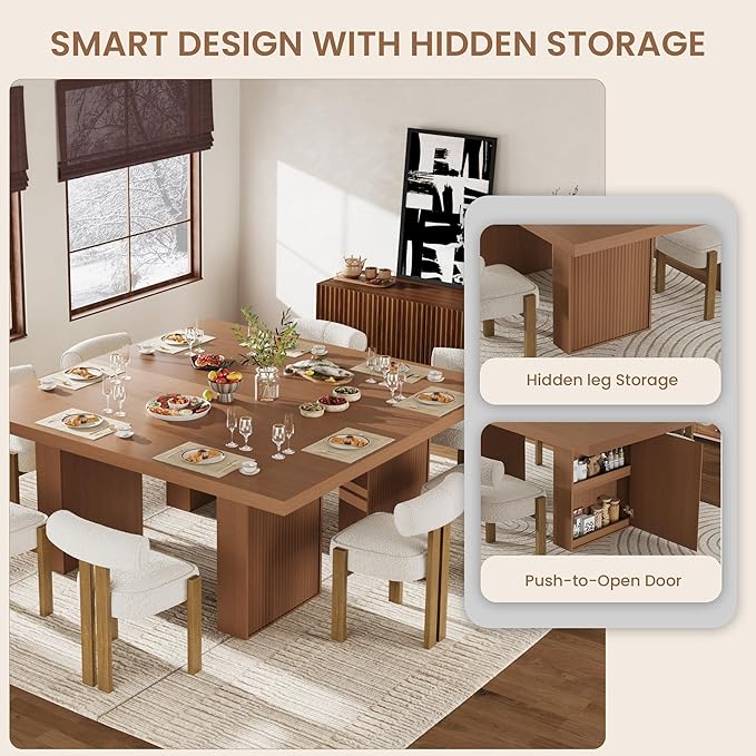 70.8" Dining Table for 6 8 10, Modern Dining Room Table with Storage, Wood Kitchen Table with Fluted Legs, Dinner Tables for Kitchen Dining Room,Nut-Brown