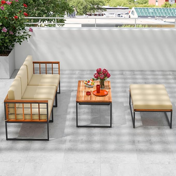 Tangkula 5 Piece Patio Furniture Set, Acacia Wood Sectional Set with Heavy-Duty Metal Frame, Comfy Seat & Back Cushions, Outdoor Wood Conversation Chair Set for Poolside, Porch, Backyard (Beige)