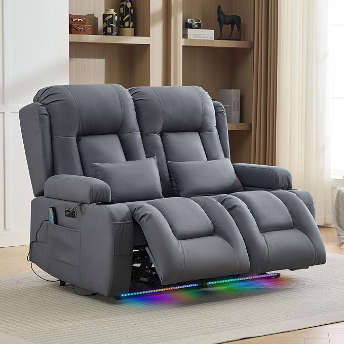 TUNYI Wall Hugger Loveseat Recliner Sofa with Console, Power Reclining Loveseat RV Couch with Massage & Heat/USB/Outlet/Storage/LED Light/Speaker (Blue, Loveseat)