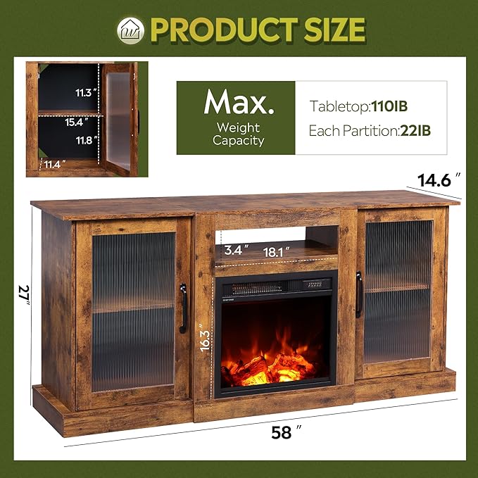 WLIVE Fireplace TV Stand for 65" TV, Entertainment Center with 3D Realistic Flame Electric Fireplace, TV Console with Open Shelves for Living Room, Rustic Brown