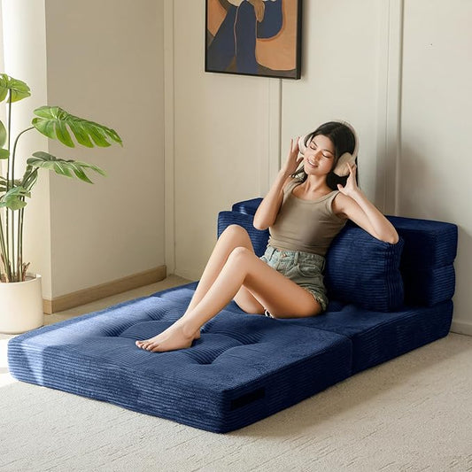MAXYOYO Convertible Sofa Bed, Fold Out Loveseat Sleeper Sofa with Pillow, 4 in 1 Tufted Folding Couch Bed Foam Floor Couch, Lazy Chair for Living Room Bedroom Guest Room, Navy