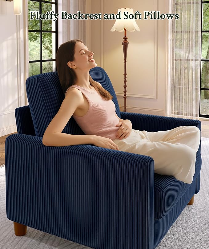 Welzona 35.3" Couches for Living Room, Comfy Blue Couch Single with 22.5" Deeper Seat, Accent Chair Tool-Free Setup, Reading Chair 440lbs Support, Corduroy Couch for Bedroom, Apartment, Office