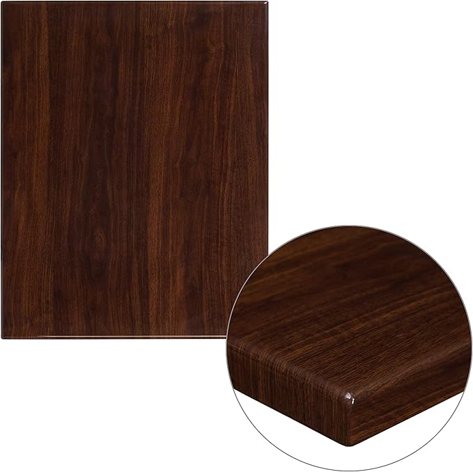 Flash Furniture Glenbrook 24" x 30" Rectangular High-Gloss Walnut Resin Table Top with 2" Thick Edge