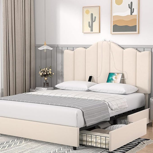 VECELO Full Size Platform Bed Frame with Type-C & USB Charging Stations/4 Storage Drawers, Upholstered Adjustable Headboard, Strong Wooden Slats Support, No Box Spring Needed, Easy Assembly