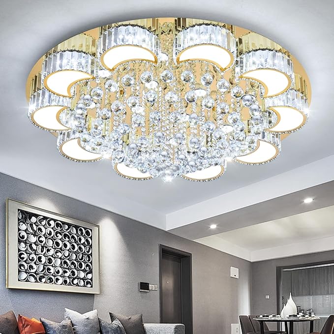 39.4'' Gold Modern Crystal Chandeliers for Dining Room LED Dimmable Light Fixtures Flush Mount Light Living Room Bedrooms