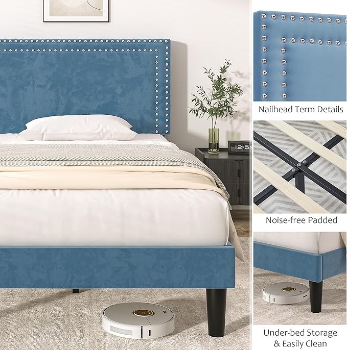 Twin Size Platform Bed Frame with Adjustable Upholstered Headboard, Modern Mattress Foundation, Strong Wood Slat Support, No Box Spring Needed, Easy Assembly