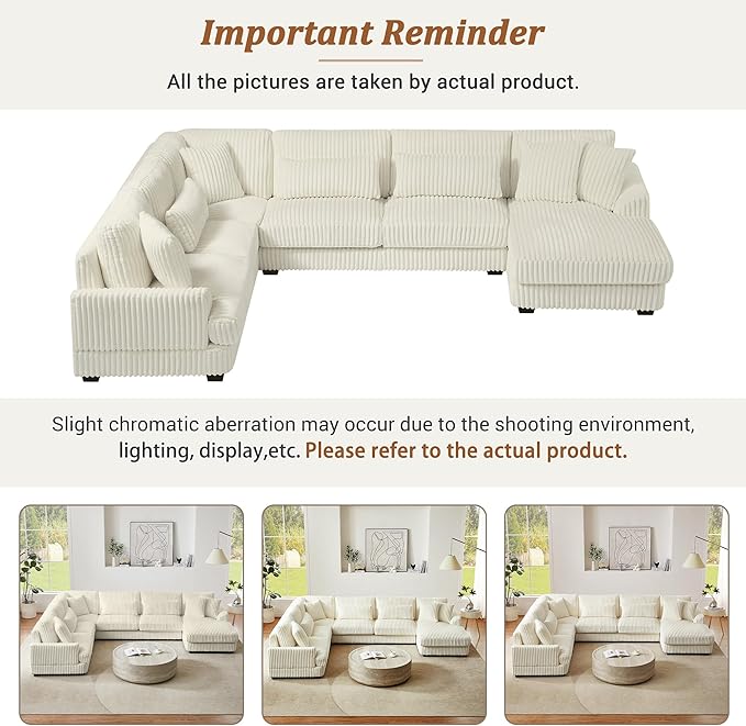 ERYE 129-Inch U-Shaped Sectional Sofa Couch W/Right Facing Chaise Lounge,Oversized Corduroy Upholstered Corner Modular Sofa Couch with 7 Toss Pillows for Living Room Sets