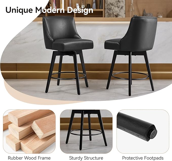 Vipbear Counter Height Bar Stools Set of 4, 26" H Swivel Bar Stools with Backs, PU Leather Upholstered Bar Chairs with Solid Wood Legs for Kitchen Island, Dining Room, Home Bar, Black