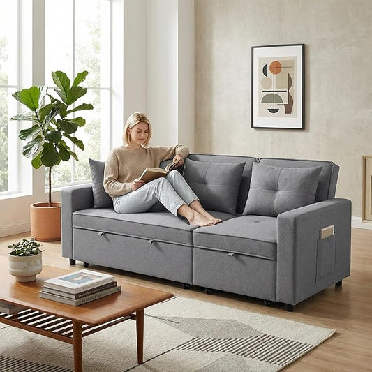 83 Inch Convertible Sofa Bed with Side Pocket, Modular Sectional Couch with Pull Out Bed, L Shaped 3 Seat Sectional Sleeper Sofa for Living Room, Apartment, Black