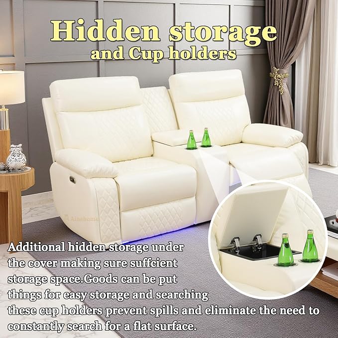 A Ainehome 2 Pieces Living Room Furniture Sets, Breathable Leather Power Recliner Sofa Set, Vanilla White Leather Reclining Sofa Loveseat Couches for Living Room with LED/Storage/Cup Holders
