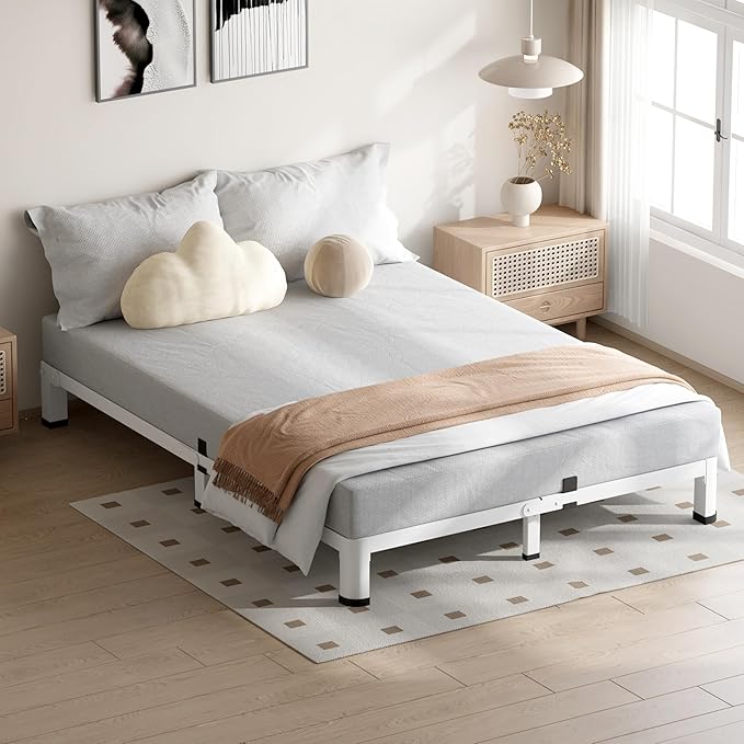 4 Inch White Queen Bed Frame, 3500Lbs Heavy Duty Metal Platform with Round Corner Legs Mattress Slide Stopper, Steel Slat Support No Box Spring Needed, Noise Free, Non-Slip, Easy Assembly