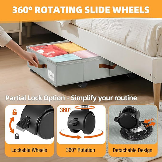 2 Pack Under Bed Storage with Wheels – 30.5×17×5.5 Inch, Underbed Storage with Sturdy Sidewalls/Bottom, Clear Cover, Label and PU Handle, Rolling Under Bed Drawers for Clothes, Shoes, Toys, Blankets