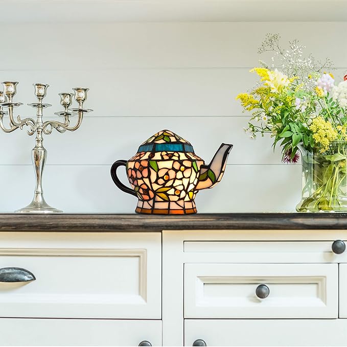 Teapot Lamp-Tiffany Style Stained Glass Table or Desk Light LED Bulb Included-Vintage Look Colorful Accent Décor for Home or Office by Lavish Home