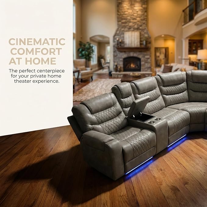 Power Recliner Sectional Sofa with LED Lighting, Breathing Leather Corner Couch with USB Port and Storage Console, Cup Holders– Home Theater & Living Room Seating(Grey)
