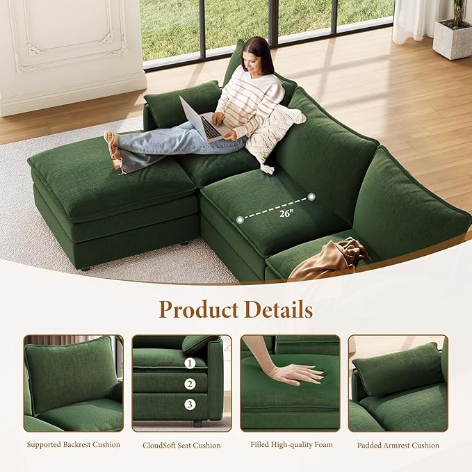 Vesgantti Large Modular Sectional Sofa, Big Comfy Cloud Couch with Ottoman Deep Seat Chenille Cloud Sofa, 9 Seater Large Sectional Couches for Living Room, Bedroom and Apartment, Green | Sink-in Comfort, Height Adjustable, Easy Rearrangement, Extra-dee...