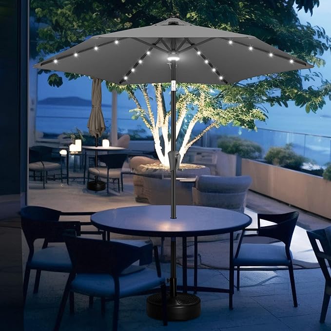 FLAME&SHADE 7.5 FT Solar Light Patio Umbrella, 24 LED Lights Outdoor Umbrella with Centre Surround Light, Table Umbrella Outdoor Patio for Deck, Pool, Backyard, Garden, UV Protection (Anthracite)