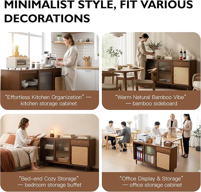 Tiita Bamboo Sideboard Buffet Cabinet, Rattan Kitchen Storage Cabinet with Drawer, Boho Coffee Bar Tables for Kitchen Hallway Office, Walnut