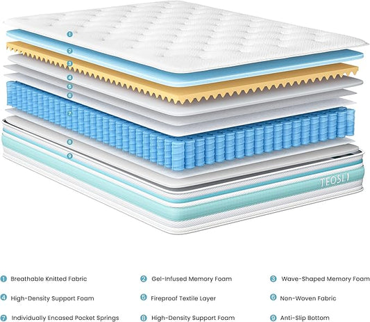 TeQsli Twin Size Mattress, 10 Inch Hybrid Mattress in a Box, Individual Pocket Spring Hybrid Mattresses for Cool Night & Pressure Relief, Medium Firm with Motion Isolating, 100 Nights Trial