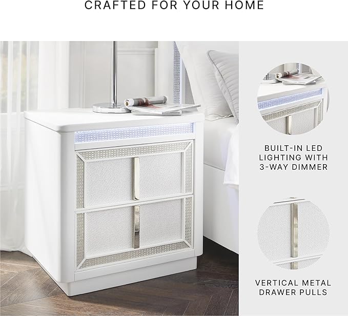 Signature Design by Ashley Chalanna Glam 2 Drawer Nightstand with Felt-Lined Top Drawer, LED Lights, Power Supply and USB Ports, 26.75" Tall, White