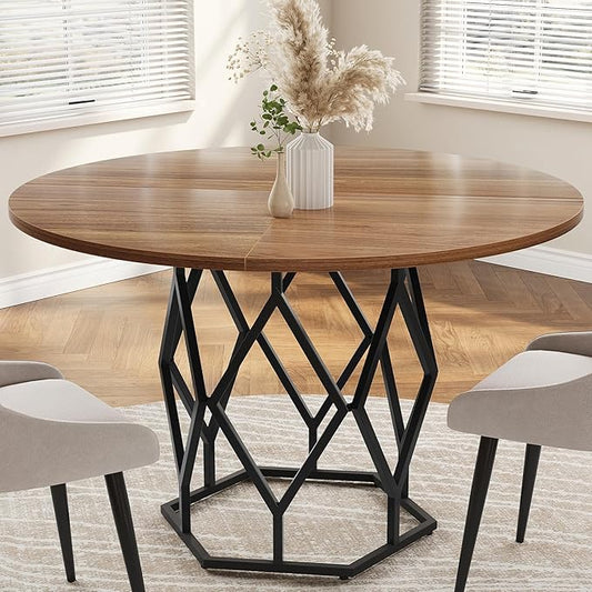 GarveeHome 47-inch Round Dining Table for 4-6 People, Farmhouse Kitchen Table with Diamond Metal Base, Industrial Wood Circle Dinner Table for Dining Room, Kitchen, Living Room, Brown