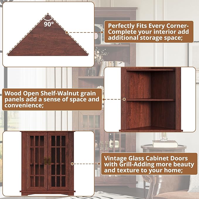 IRONCK 71.3'' Tall Corner Cabinet, Mid Century Storage Cabinet with Glass Doors & Adjustable Shelf, Bathroom Storage with 3 Open Shelf, Home Space Saver for Bathroom, Living Room, Red Walnut | Mid Century, Glass Doors, Adjustable Shelf, Bathroom Storag...