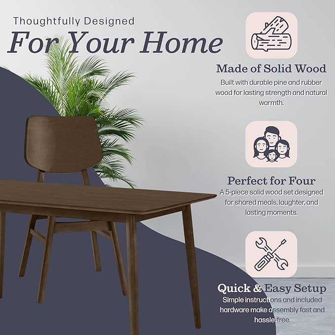 Alaterre Furniture Calais Dining – 5 Piece Dining Table Set for 4 with Chairs – Mid Century Modern 59-Inch Solid Wood Kitchen Table with 4 Chairs for Dining Room or Kitchen (Walnut Finish)