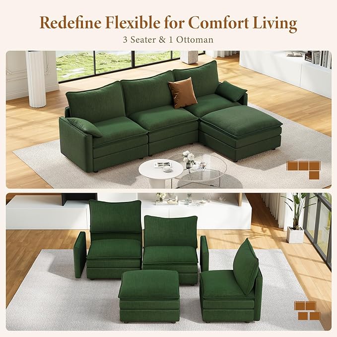 Vesgantti 108" Modular Sectional Sofa, Comfy Cloud Couch with Movable Ottoman Deep Seat Chenille L Shaped Modular Sofa, Sectional Couches for Living Room, Bedroom and Apartment, Green | Sink-in Comfort, Height Adjustable, Easy Rearrangement, Extra-deep...