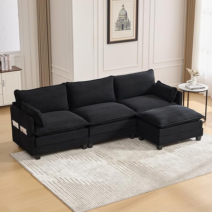 103" Oversized Modular Sectional Sofa Couch with Reversible Ottoman, Free Combination Convertible Corner Couch,Corduroy Upholstered Cloud Sectional Couch with Side Pockets | Multiple Cushions, DIY Combination, Removable Cover