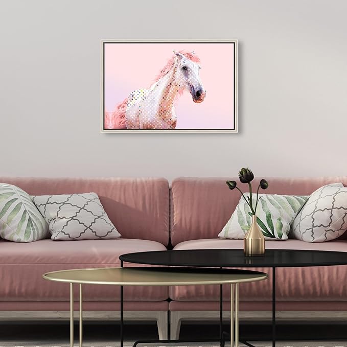 Country Farmhouse Canvas Print Painting Animal Wall Art 'Pink Glam Horse' Champagne Framed Canvas Rustic Home Décor 15x10 in Pink, White by Oliver Gal