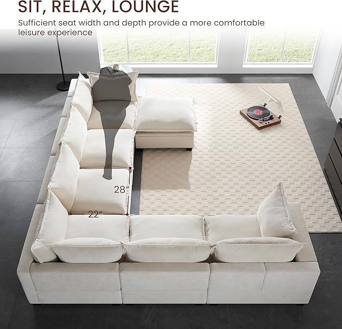 Merax Modern U-Shaped Modular Couch Set with Storage Ottoman, Chenille 7-Seat Sectional Sofa Sleeper Bed with Wide Seat for Living Room, Free Combination,Off White