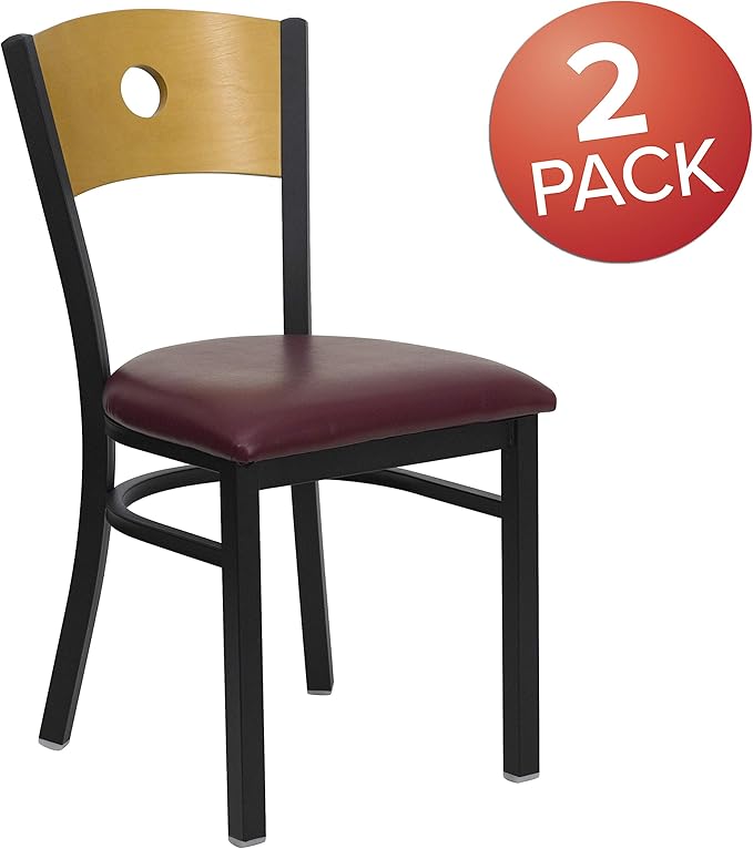 Flash Furniture 2 Pk. HERCULES Series Black Circle Back Metal Restaurant Chair - Natural Wood Back, Burgundy Vinyl Seat