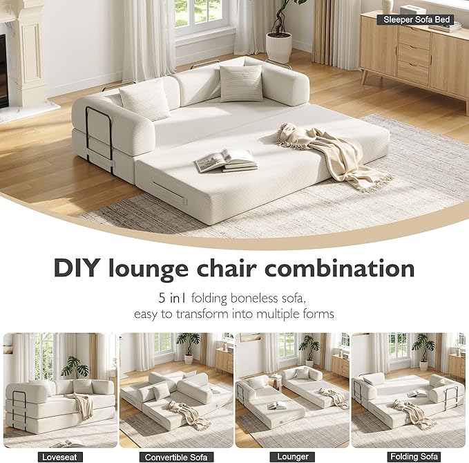 79in Convertible Sofa Bed, Corduroy Boneless Couch Bed, Futon Sleeper Sofa Pull Out Bed, Foldable Couch for Living Room Apartment, No Assembly Required