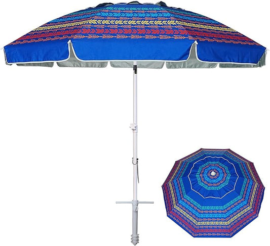 AMMSUN 8 Feet Large Beach Umbrella with Sand Anchor Heavy Duty High Wind Portable Outdoor Umbrellas UV 50+ Protection Air Vent Tilt Patio Garden Pool