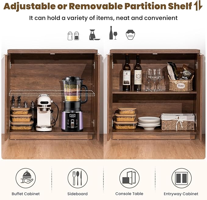 HOMMPA 31.5'' Sideboard Buffet Cabinet with Storage Boho Kitchen Buffet Cabinet with 2 Doors and Adjustable Shelves, Rattan Credenza Wood Coffee Bar Cabinets/Table for Living Room, Hallway & Kitchen