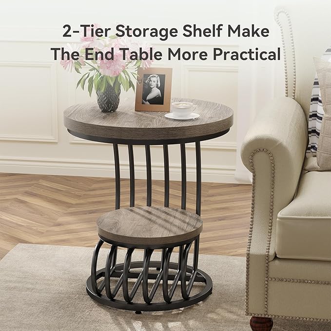 LITTLE TREE Round Side Table, Accent End Table with 2-Tier Shelf, Creative Curved Metal Frame, for Small Spaces, Grey + Black