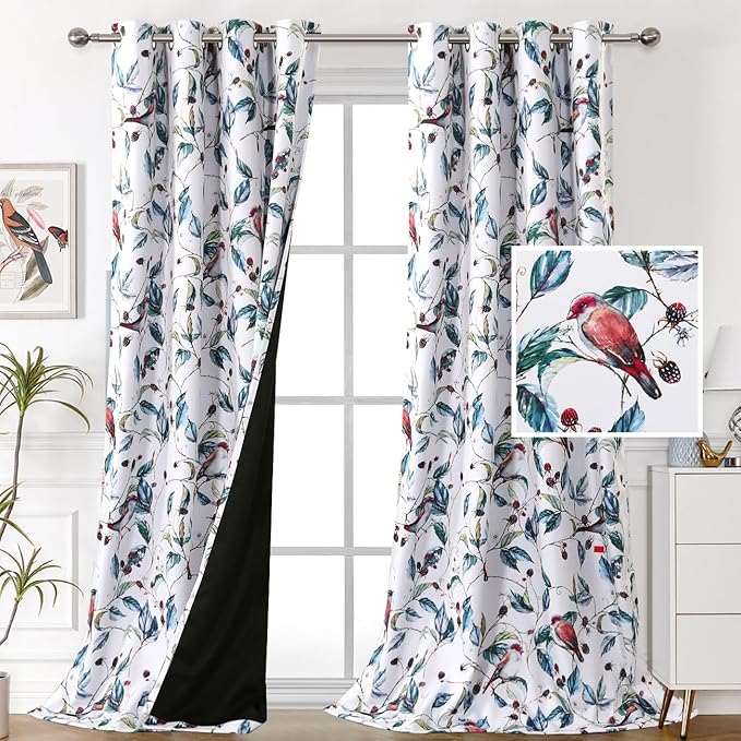 H.VERSAILTEX 100% Blackout Curtains 108 inch Length 2 Panels Set Printed Drapes Thermal Insulated Curtains for Bedroom with Black Liner Sound Proof Curtains, Wild Berry and Bird