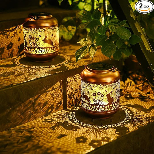 2Pack Rabbit Solar Lanterns Outdoor Waterproof Hanging Solar Lights Bunny Gifts for Women Mom Grandma Metal Decorative LED Lantern Outside for Garden Decor,Yard,Patio,Lawn,Porch,Backyard,Pathway