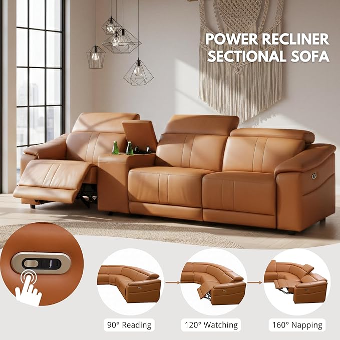 Breathing Leather Recliner Sectional Sofa, Reclining Sectional Couch with Adjustable Headrest&Storage Console, L Shaped Couch with Dual Recliner for Living Room (Light Brown)