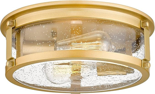 Flush Mount Ceiling Light Fixture, 2 - Lights Farmhouse Ceiling Light, Industrial Seeded Glass Light Fixtures with Metal Cage for Hallway Porch Corridor Kitchen Bathroom Bedroom Passway - Gold