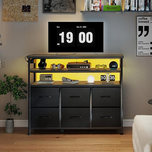 DUMOS TV Stand for Up to 45 inch TV, Wood Top TV Media Console Table with 6 Fabric Drawers, 2 Shelves, Entertainment Center with LED Lights & Charging Station for Living Room, Hallway, Black
