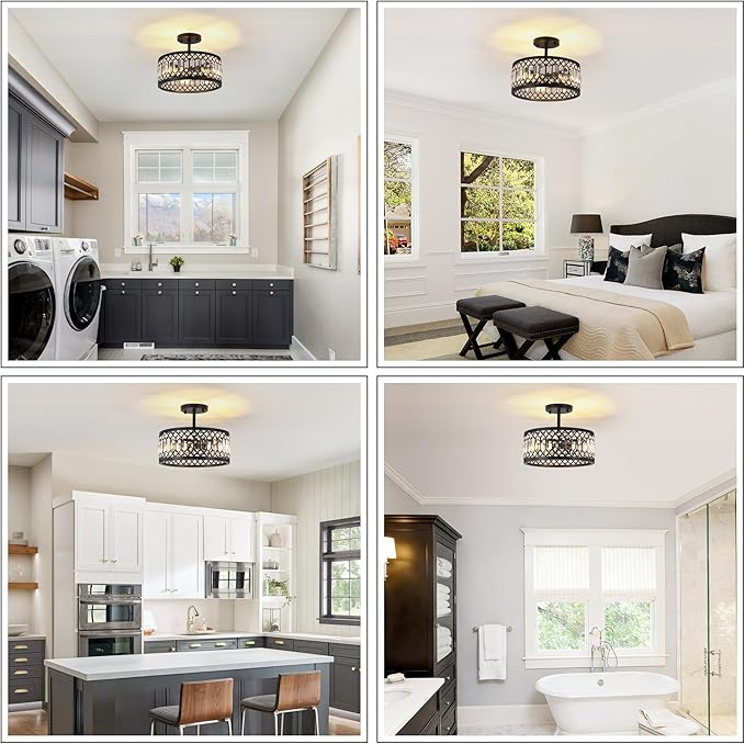 12.6" Crystal Semi Flush Mount Ceiling Light Fixture, 3-Light Antique Black Hallway Light Fixtures, Round Chandelier for Bathroom Entryway Closet Bedroom Kitchen Dining Room