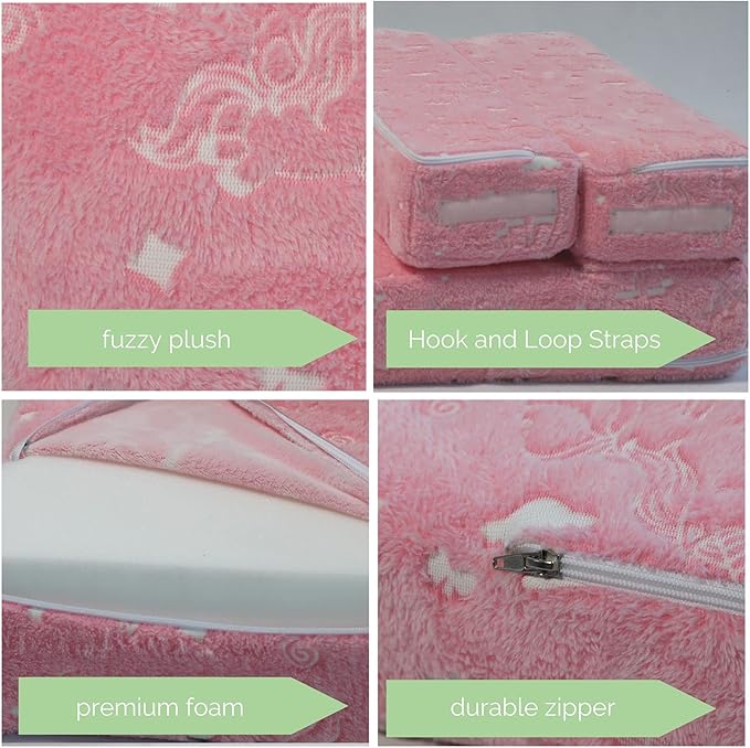 MeMoreCool Glow Pink Unicorn Tri-fold Sofa Bed for Kids, Foldable Futon Chair and Floor Couch, Convertible Trifold Mattress for Playroom
