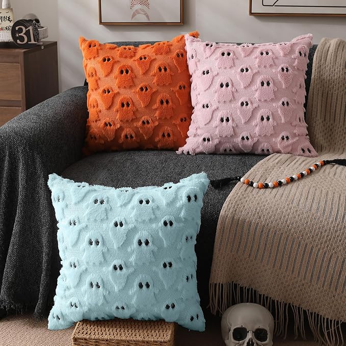 DFXSZ Halloween Pillow Covers 20x20 inch Set of 2 Blue Ghost Throw Pillow Cases Soft Plush Faux Fur Wool Couch Cushion Case for Chair Sofa Bedroom Living Room Home Decor PTK03G20