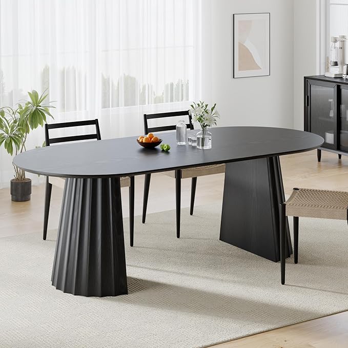 Casaphoria 79" Oval Dining Table, Modern Wood Kitchen Table with Cone Shaped Strip Concave Base for Living Room & Dining Room, Easy Assembly Farmhouse Furniture for 6-8, Black