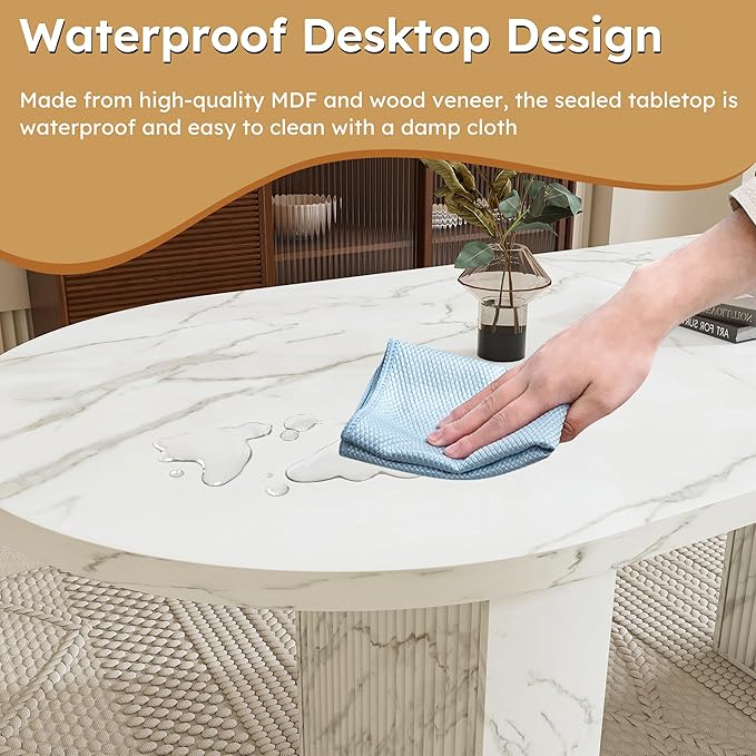 KEIKI 63" Oval Dining Room Table, Modern Farmhouse Dining Table for 6, Kitchen Table with Marble Top and Sturdy Wood Metal Base, Scratch Resistant Surface, White Marble
