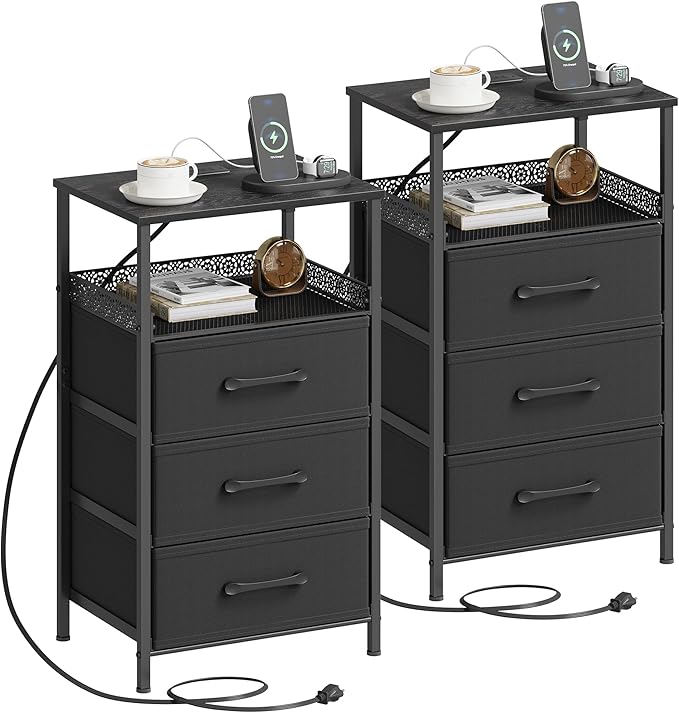 Nightstand Set of 2, Night Stands with Charging Station, 26.4 Inch Tall Bedside Table with Metal Shelf, Modern Side End Table with 3 Fabirc Drawers, Small Dresser for Bedroom, Black