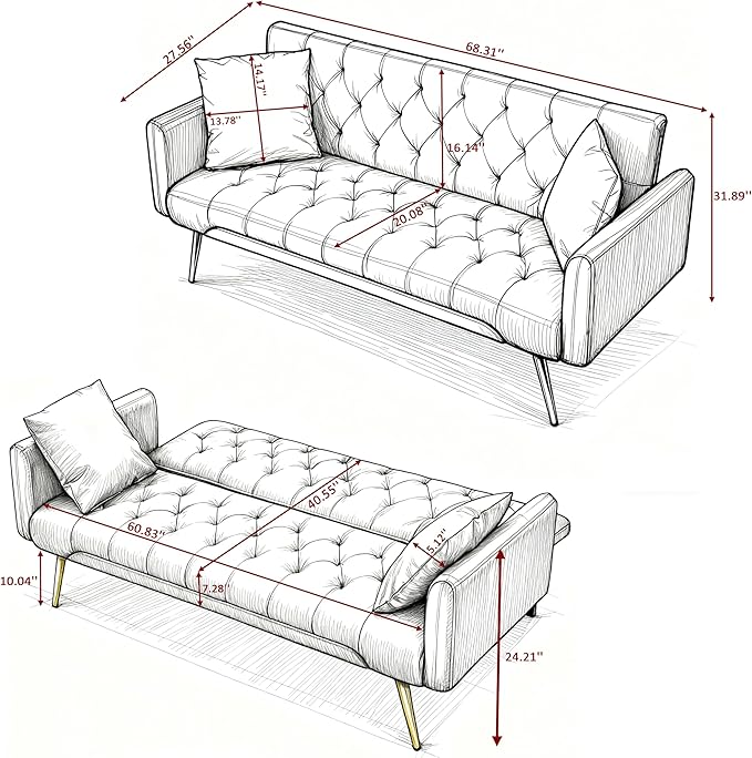 Futon Sofa Bed, Convertible Futon Couch with Adjustable Backrest, 68.31” Folding Sofa Bed with 2 Pillows & Metal Legs, Sleeper Loveseat with Armrest for Home Office, Pink